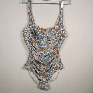 Ekouaer Women's Medium Floral 1 Piece Padded Swimsuit Blue Orange White NWT